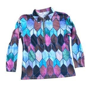 Multicolor Geometric Pattern Print Half Zip Top Stained Glass Style Print Sz S